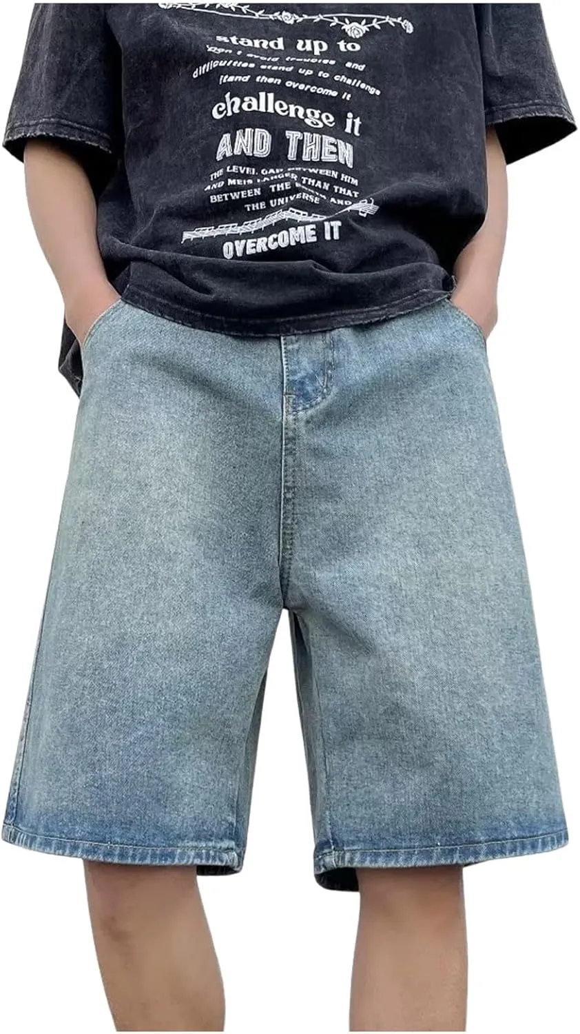 Mens Y2K Baggy Jean Shorts Summer Casual Hip Hop Skateboard Pants Loose Denim Shorts with Pockets Streetwear