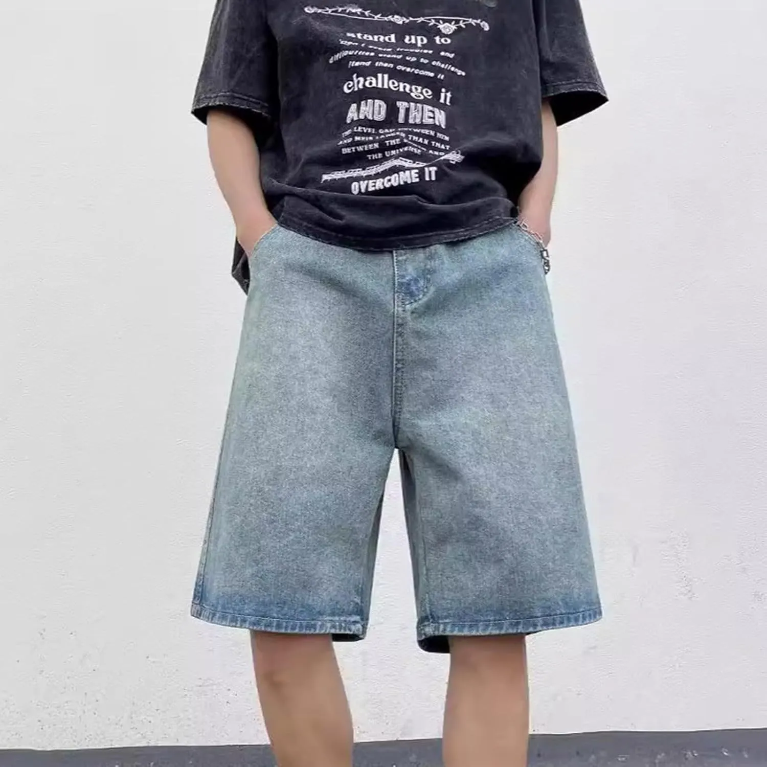 Mens Y2K Baggy Jean Shorts Summer Casual Hip Hop Skateboard Pants Loose Denim Shorts with Pockets Streetwear