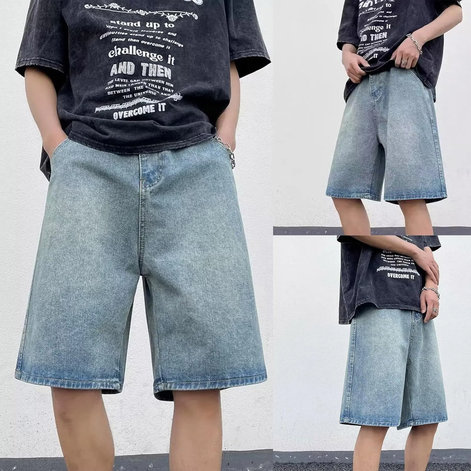 Mens Y2K Baggy Jean Shorts Summer Casual Hip Hop Skateboard Pants Loose Denim Shorts with Pockets Streetwear