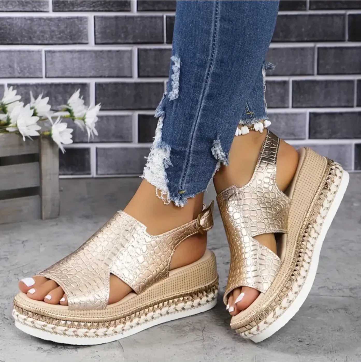 Metallic Slingback Platform Sandals | Faux Leather | Stylish and Comfortable