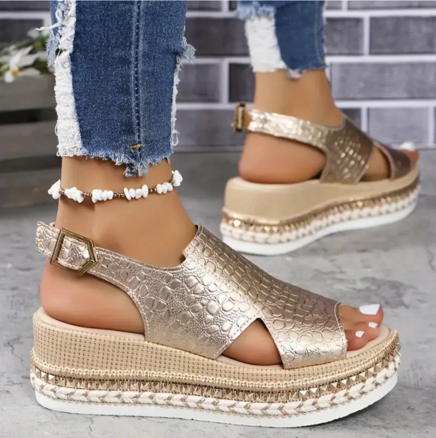 Metallic Slingback Platform Sandals | Faux Leather | Stylish and Comfortable