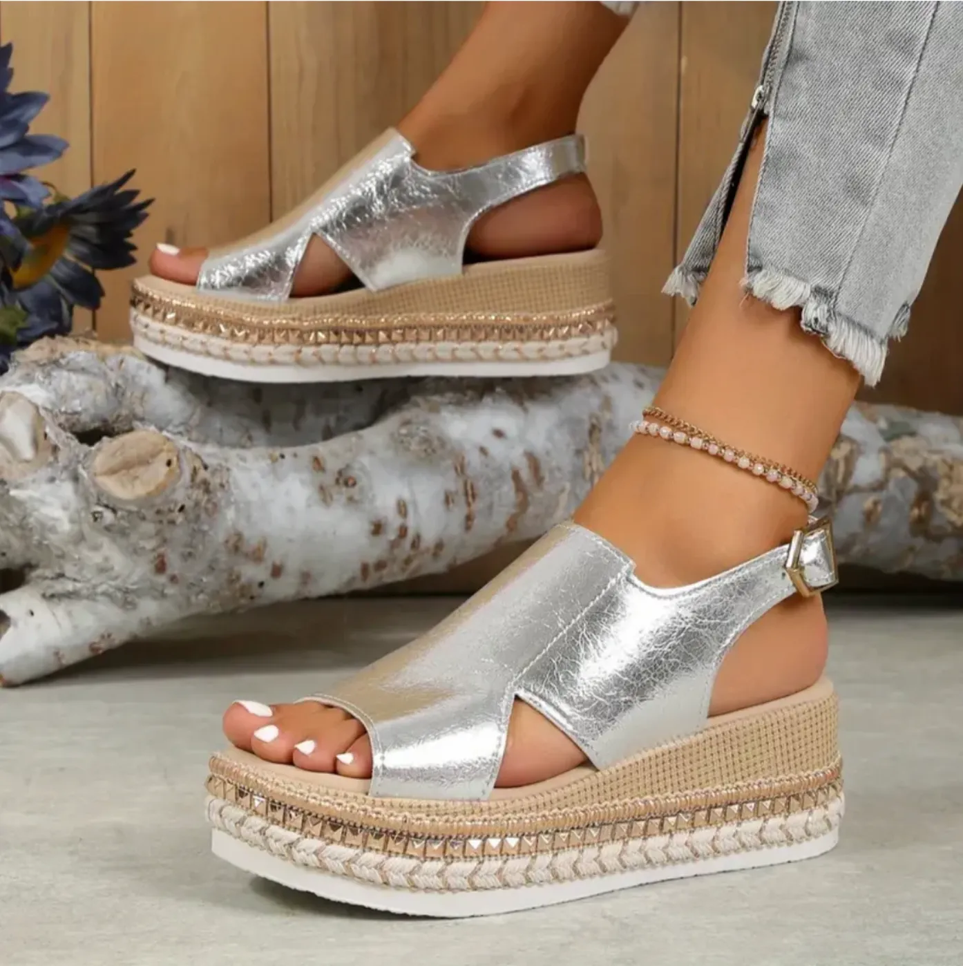Metallic Slingback Platform Sandals | Faux Leather | Stylish and Comfortable