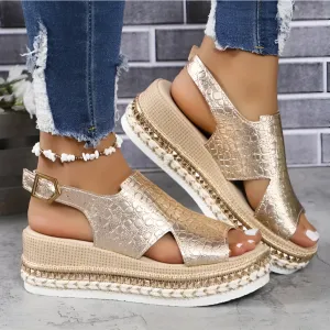 Metallic Slingback Platform Sandals | Faux Leather | Stylish and Comfortable
