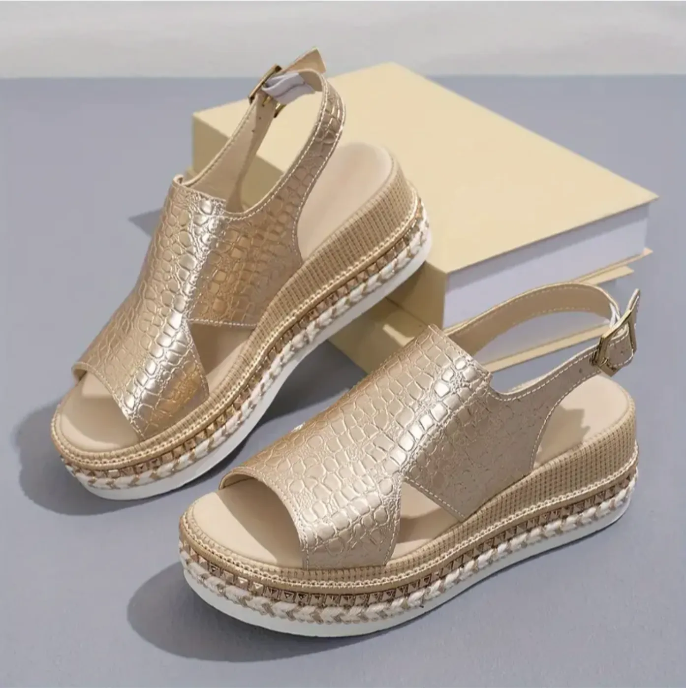 Metallic Slingback Platform Sandals | Faux Leather | Stylish and Comfortable