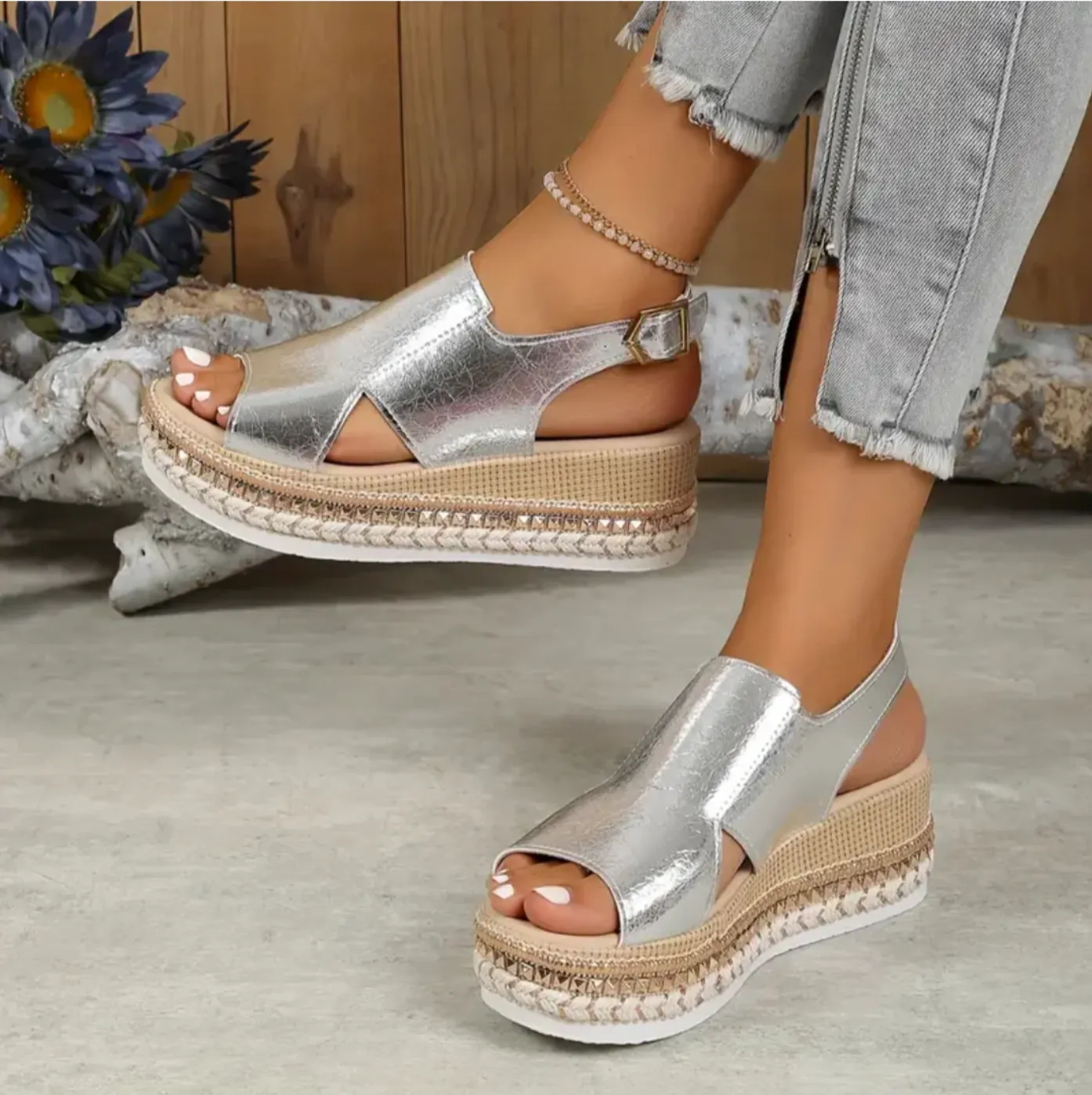 Metallic Slingback Platform Sandals | Faux Leather | Stylish and Comfortable