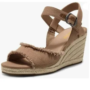 Miss left Brown Platform Open Toe Espadrille Ankle Strap High Heel Wedge Sandal