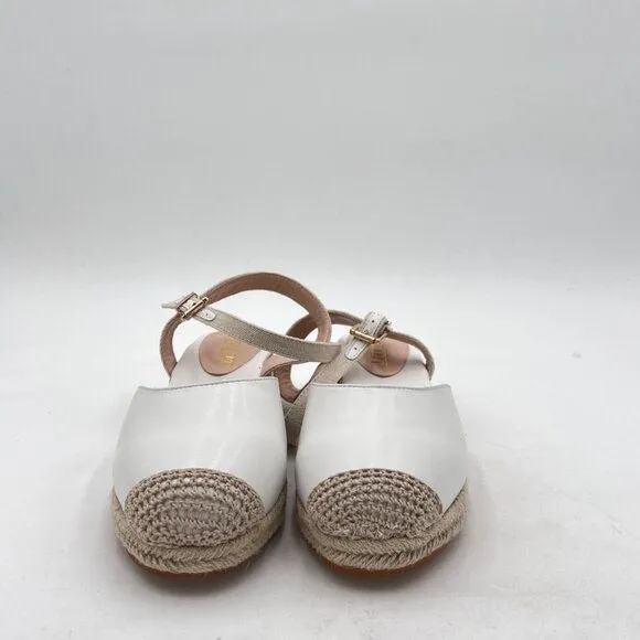 Miss Left  White  Rounded Toe Espadrille Sandal Ankle Strap Mid Heeled Wedge