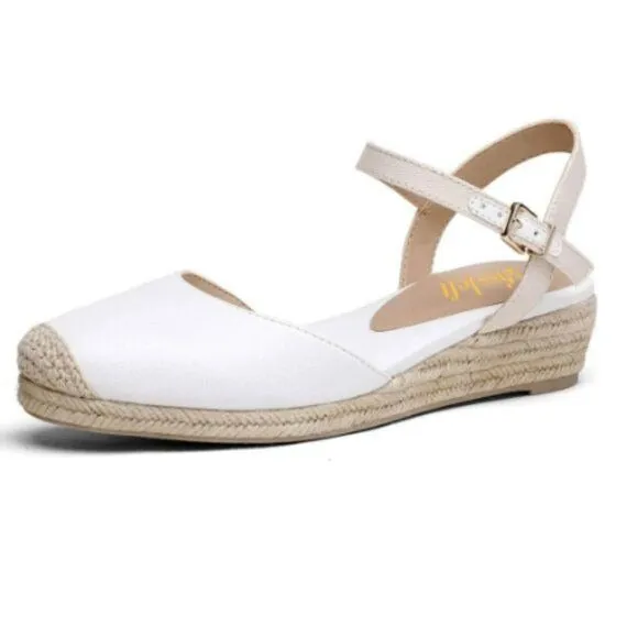 Miss Left  White  Rounded Toe Espadrille Sandal Ankle Strap Mid Heeled Wedge