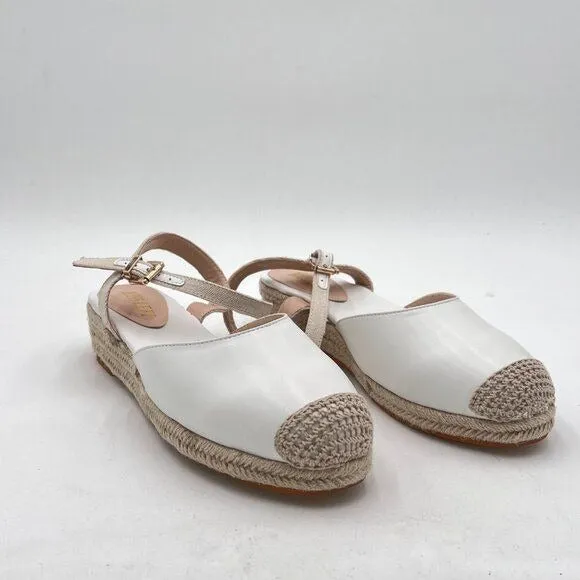 Miss Left  White  Rounded Toe Espadrille Sandal Ankle Strap Mid Heeled Wedge