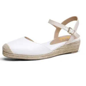 Miss Left  White  Rounded Toe Espadrille Sandal Ankle Strap Mid Heeled Wedge
