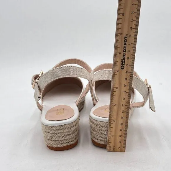 Miss Left  White  Rounded Toe Espadrille Sandal Ankle Strap Mid Heeled Wedge