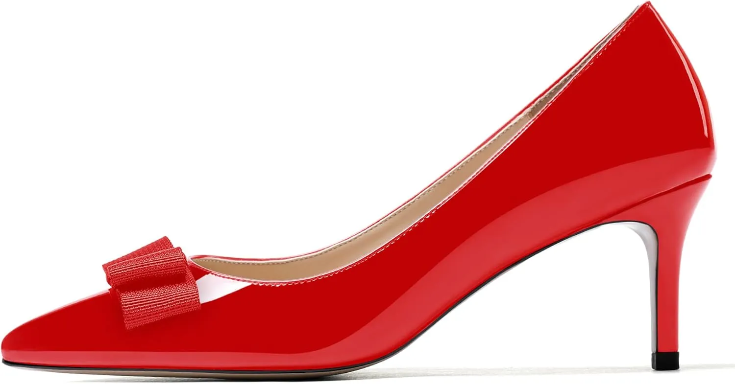 MODENCOCO Women's Pointed Toe Dress Bridal Bow Tie Bow Slip On Patent Stiletto Mid Heel Pumps Shoes 2.5 Inch