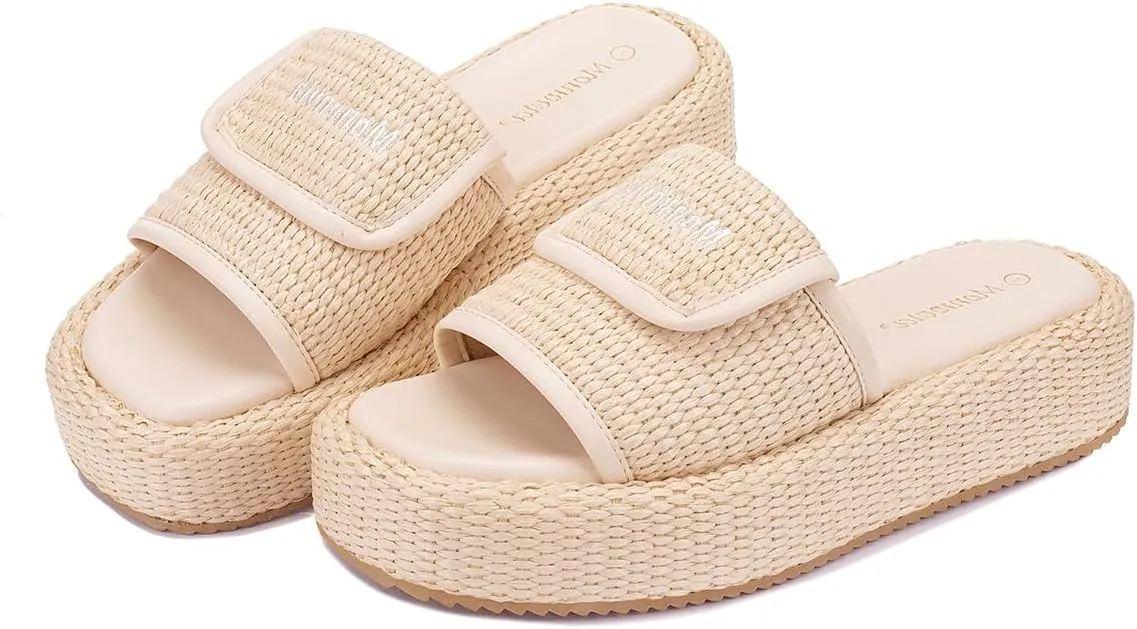 Monrovia Platform Sandals for Women, Wedge Espadrille Slides with Raffia Straw, Comfortable Brown Summer Sandals for Beach, Walking, Camping, Vacation