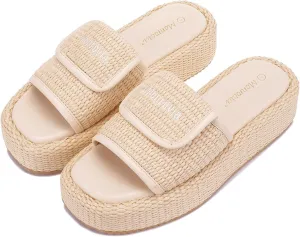 Monrovia Platform Sandals for Women, Wedge Espadrille Slides with Raffia Straw, Comfortable Brown Summer Sandals for Beach, Walking, Camping, Vacation