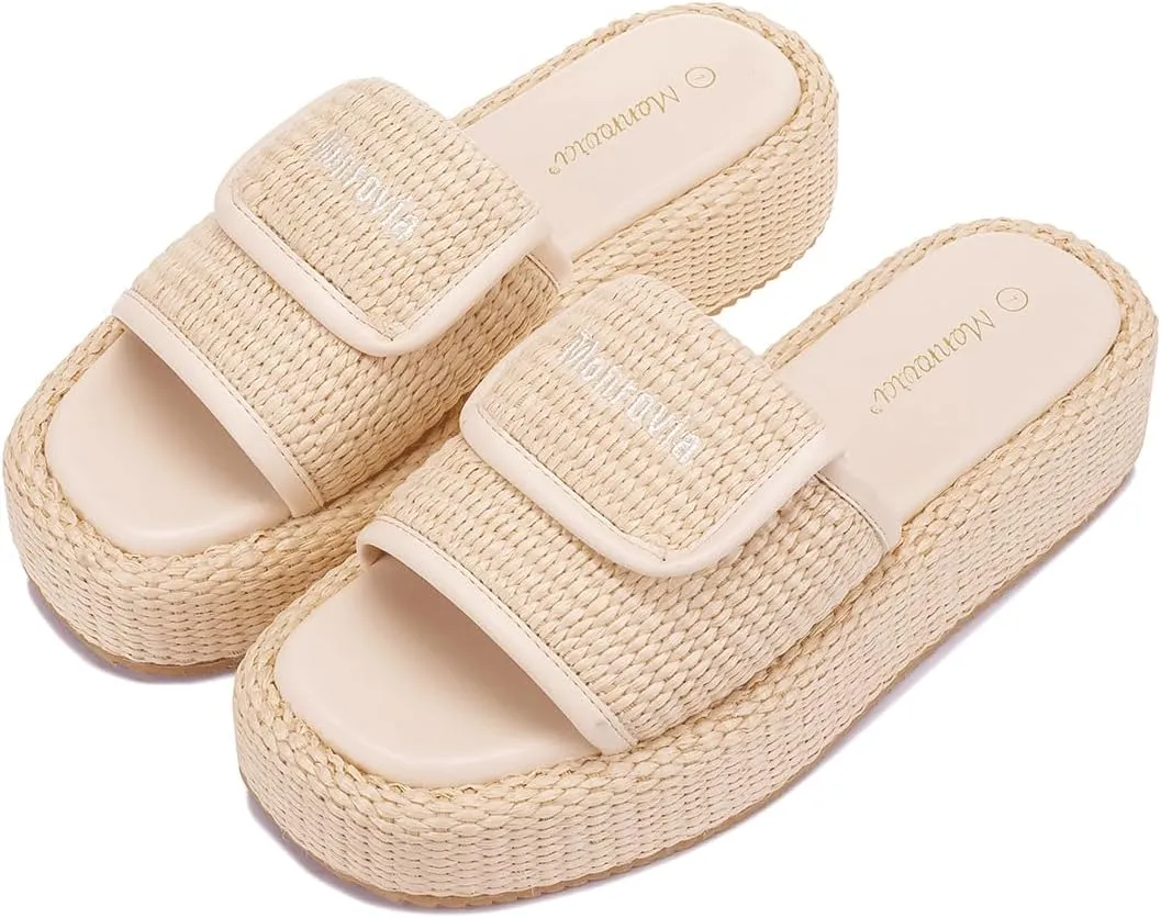 Monrovia Platform Sandals for Women, Wedge Espadrille Slides with Raffia Straw, Comfortable Brown Summer Sandals for Beach, Walking, Camping, Vacation