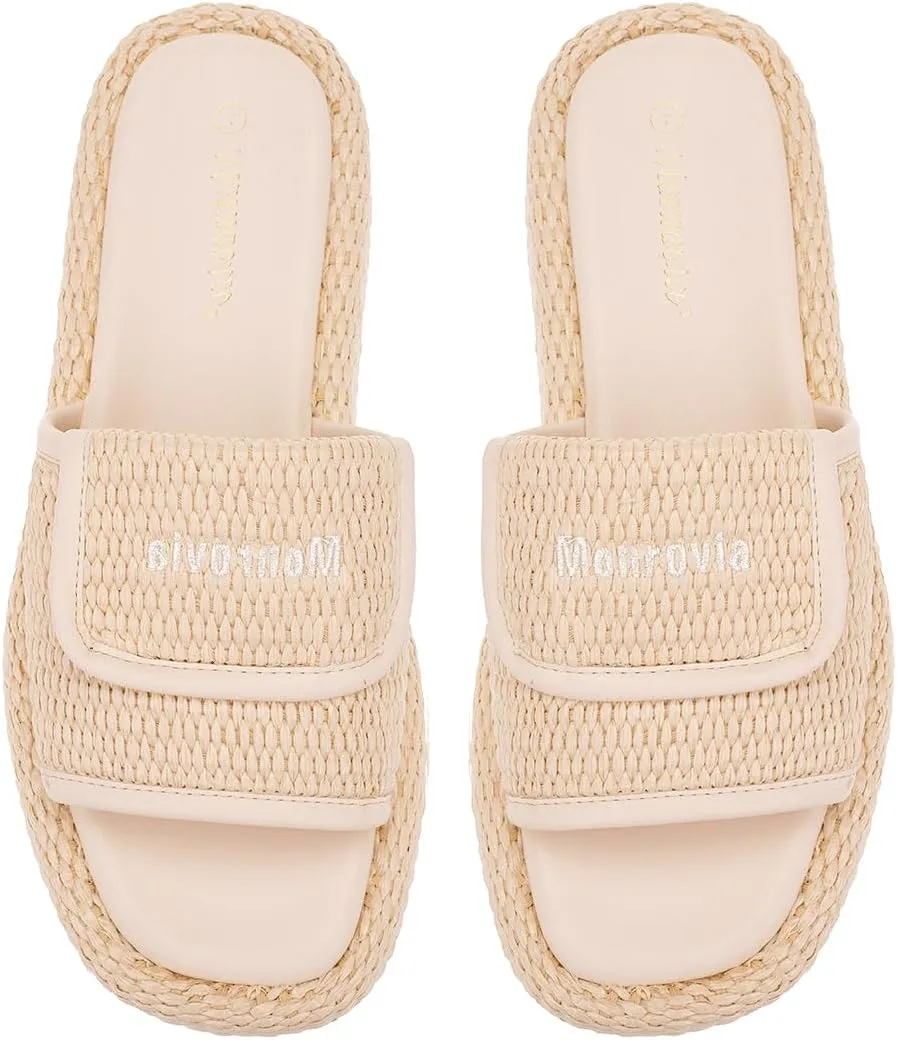 Monrovia Platform Sandals for Women, Wedge Espadrille Slides with Raffia Straw, Comfortable Brown Summer Sandals for Beach, Walking, Camping, Vacation