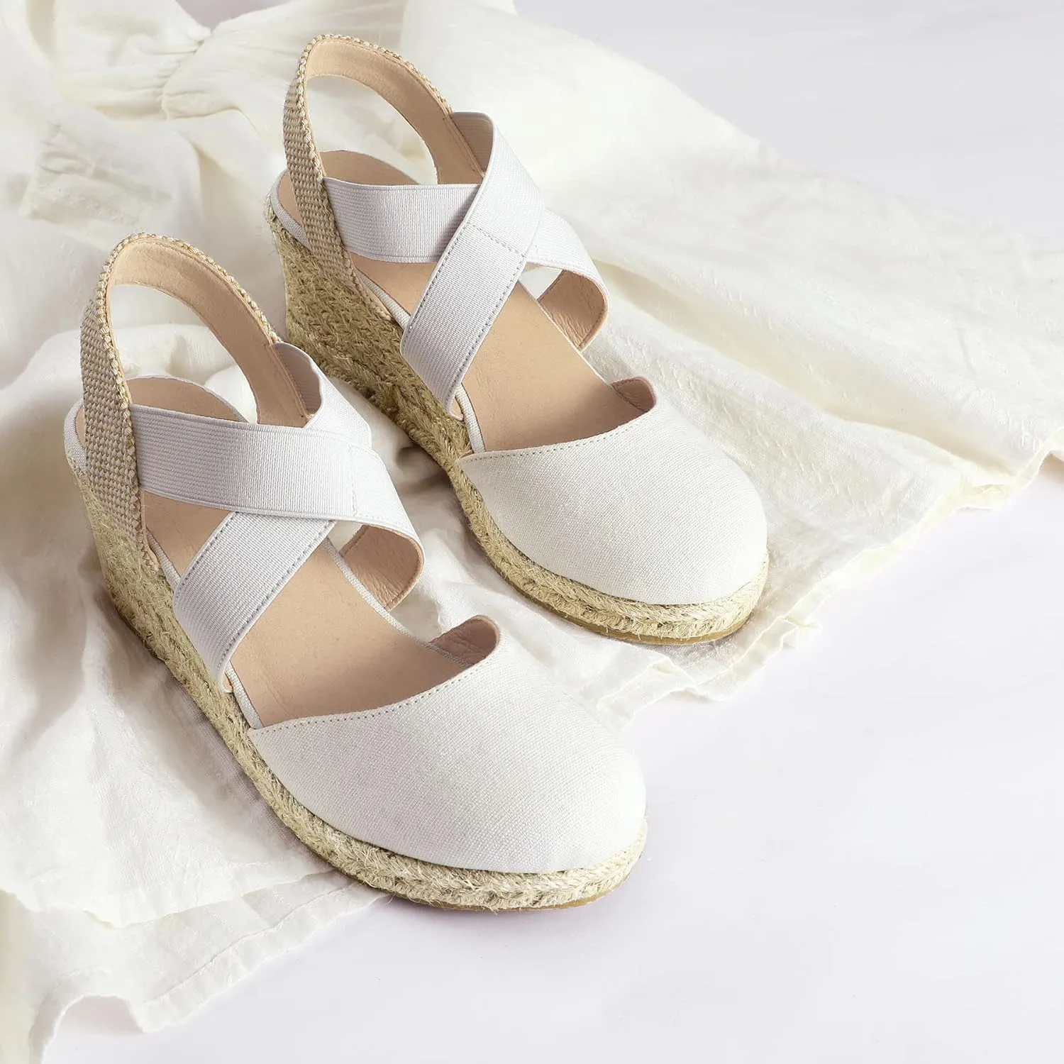 mysoft Women's Closed Toe Crisscross Elastic Ankle Strap Platform Espadrille Wedge Sandals