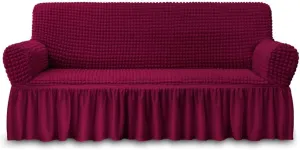 NICEEC Sofa Slipcover Red Sofa Cover 1 Piece Easy Fitted Sofa Couch Cover Universal High Stretch Durable Furniture Protector with Skirt Country Style (3 Seater Wine Red), Large