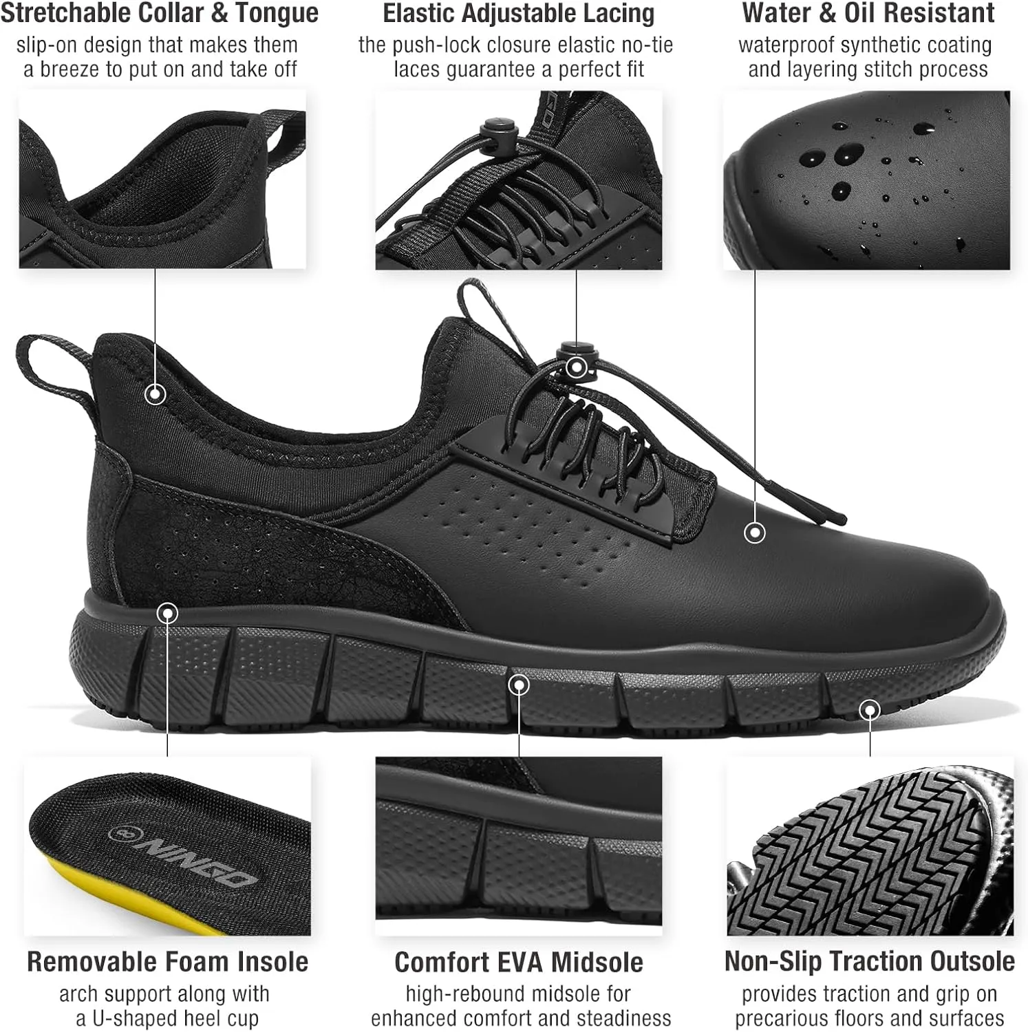 NINGO Non Slip Work Shoes for Men, Comfortable Slip Resistant Food Service Shoes, Water & Oil Resistant, Outdoor Work Sneakers, Mens Slip on Chef Shoes, for Casual Kitchen Restaurant
