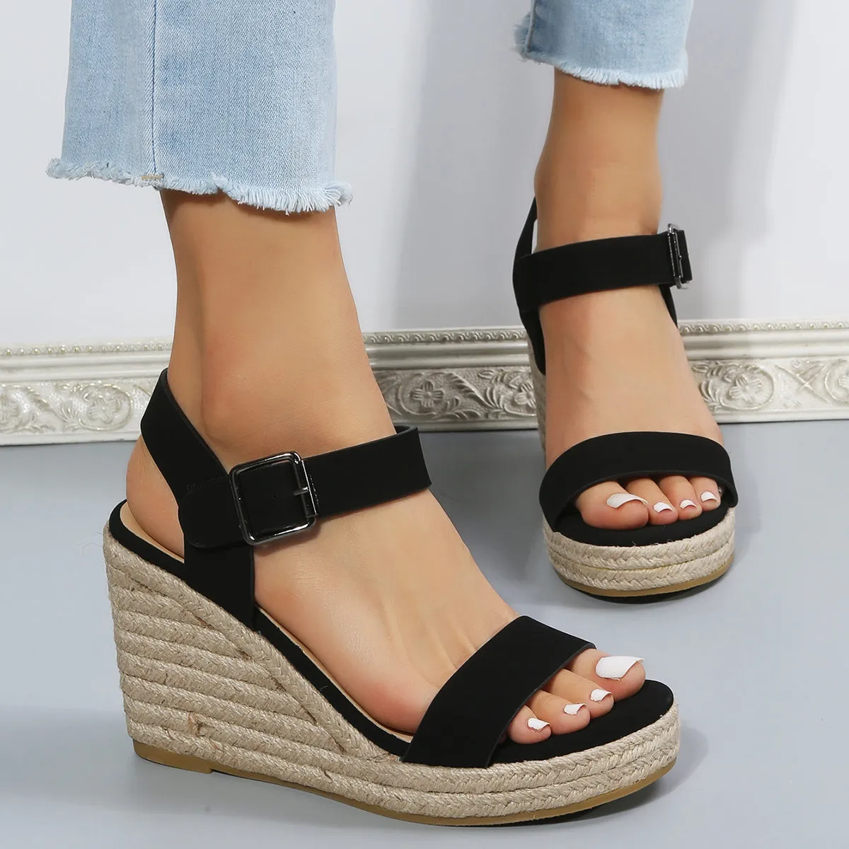 Open Toe Functional design Strap Hassle-free shipping Platform Sandals Wedges Espadrille Buckle Black