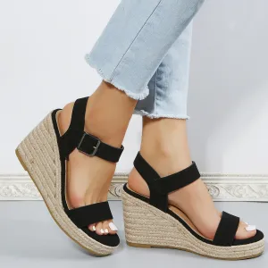 Open Toe Functional design Strap Hassle-free shipping Platform Sandals Wedges Espadrille Buckle Black