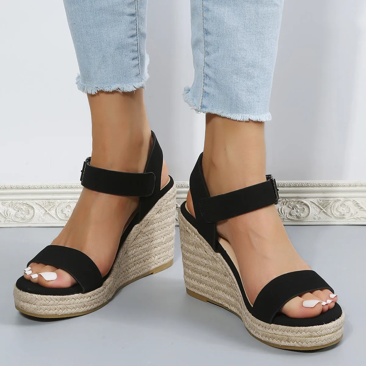 Open Toe Functional design Strap Hassle-free shipping Platform Sandals Wedges Espadrille Buckle Black