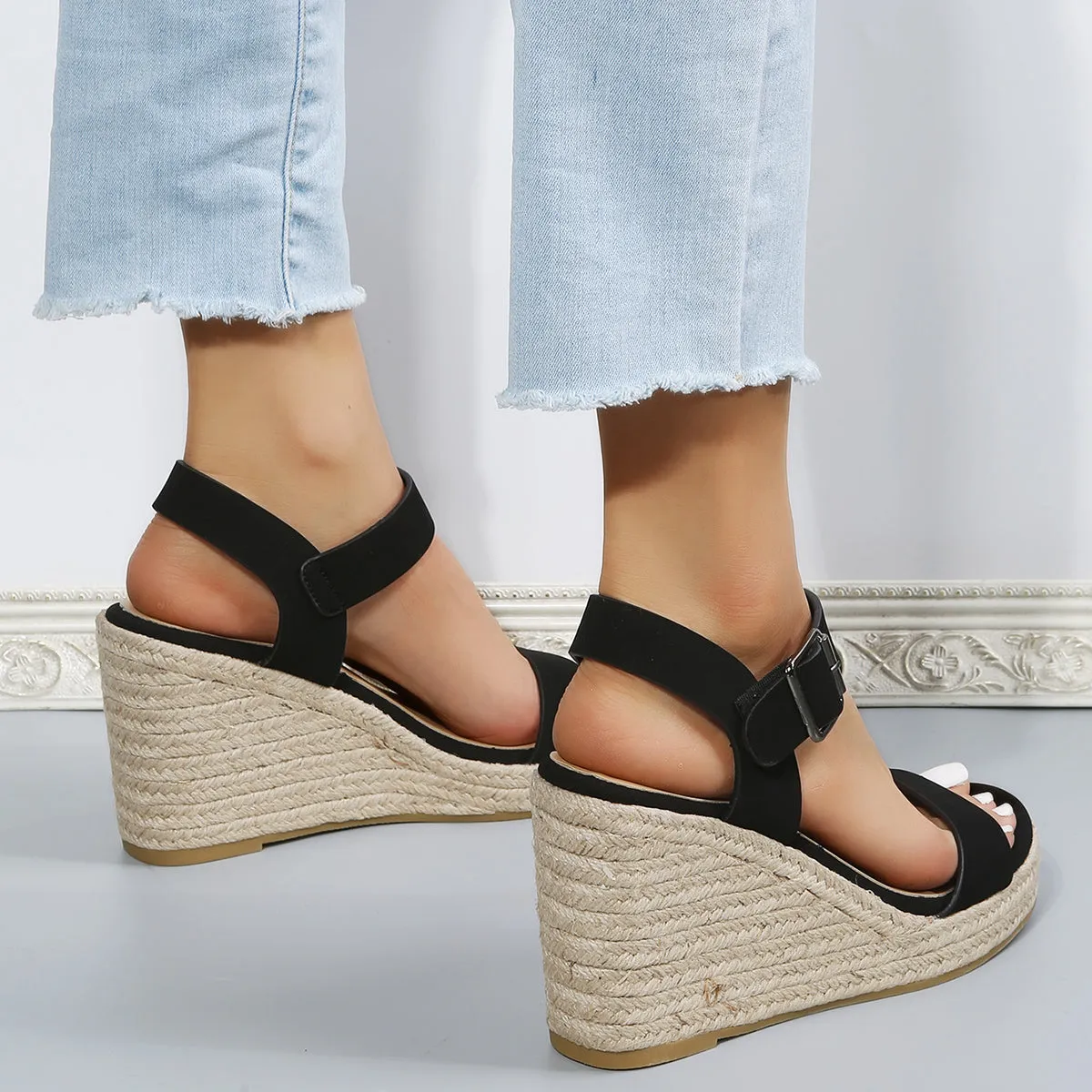 Open Toe Functional design Strap Hassle-free shipping Platform Sandals Wedges Espadrille Buckle Black