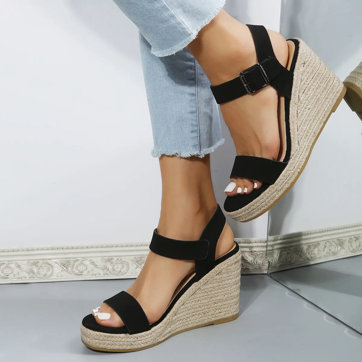 Open Toe Functional design Strap Hassle-free shipping Platform Sandals Wedges Espadrille Buckle Black
