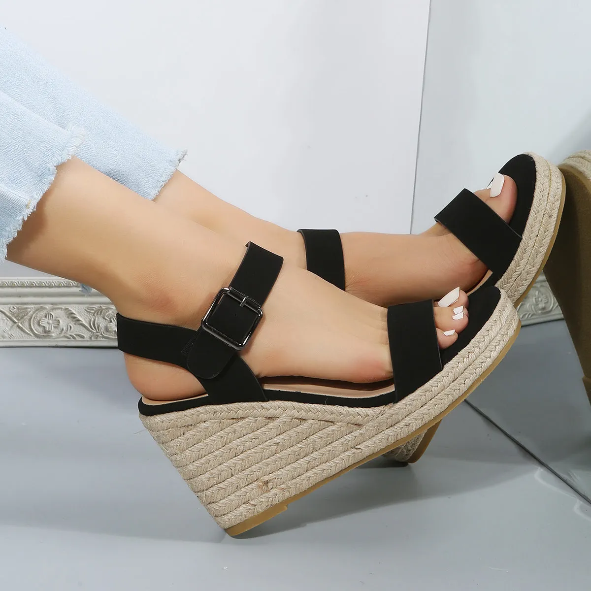 Open Toe Functional design Strap Hassle-free shipping Platform Sandals Wedges Espadrille Buckle Black