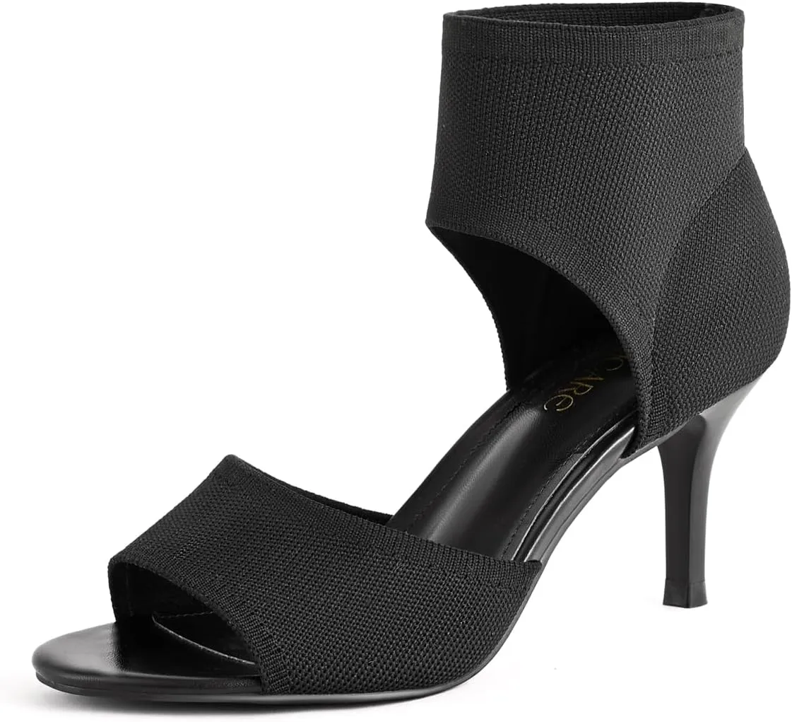 Peep Toe Heels for Women Sexy 3 Inches Stiletto High Heels for Women Dressy Slip On Comfortable Wide Stretchy Heels Knit Open Toe Booties Sandals Black Heels Sandals for Prom, Party and Work