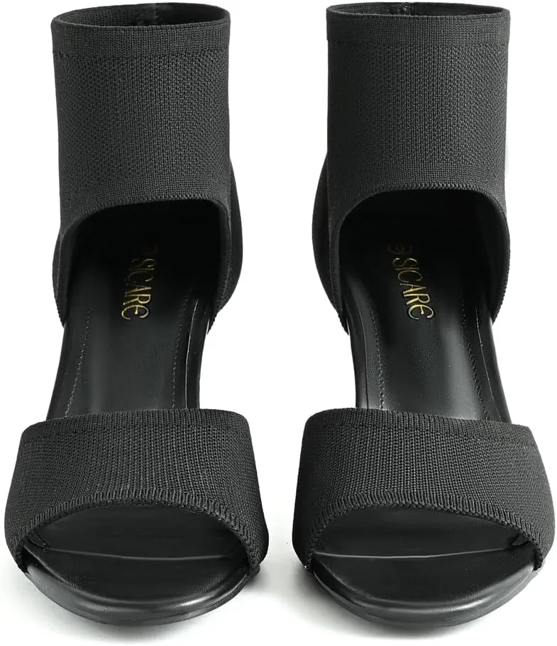 Peep Toe Heels for Women Sexy 3 Inches Stiletto High Heels for Women Dressy Slip On Comfortable Wide Stretchy Heels Knit Open Toe Booties Sandals Black Heels Sandals for Prom, Party and Work