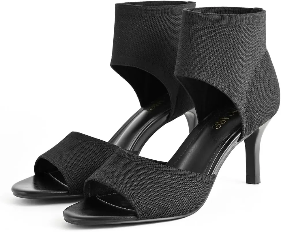 Peep Toe Heels for Women Sexy 3 Inches Stiletto High Heels for Women Dressy Slip On Comfortable Wide Stretchy Heels Knit Open Toe Booties Sandals Black Heels Sandals for Prom, Party and Work
