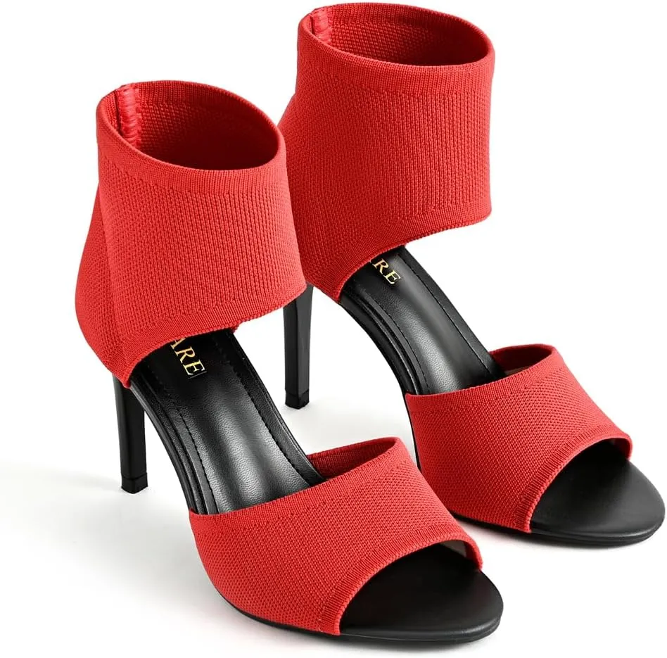 Peep Toe Heels for Women Sexy 3 Inches Stiletto High Heels for Women Dressy Slip On Comfortable Wide Stretchy Heels Knit Open Toe Booties Sandals Black Heels Sandals for Prom, Party and Work