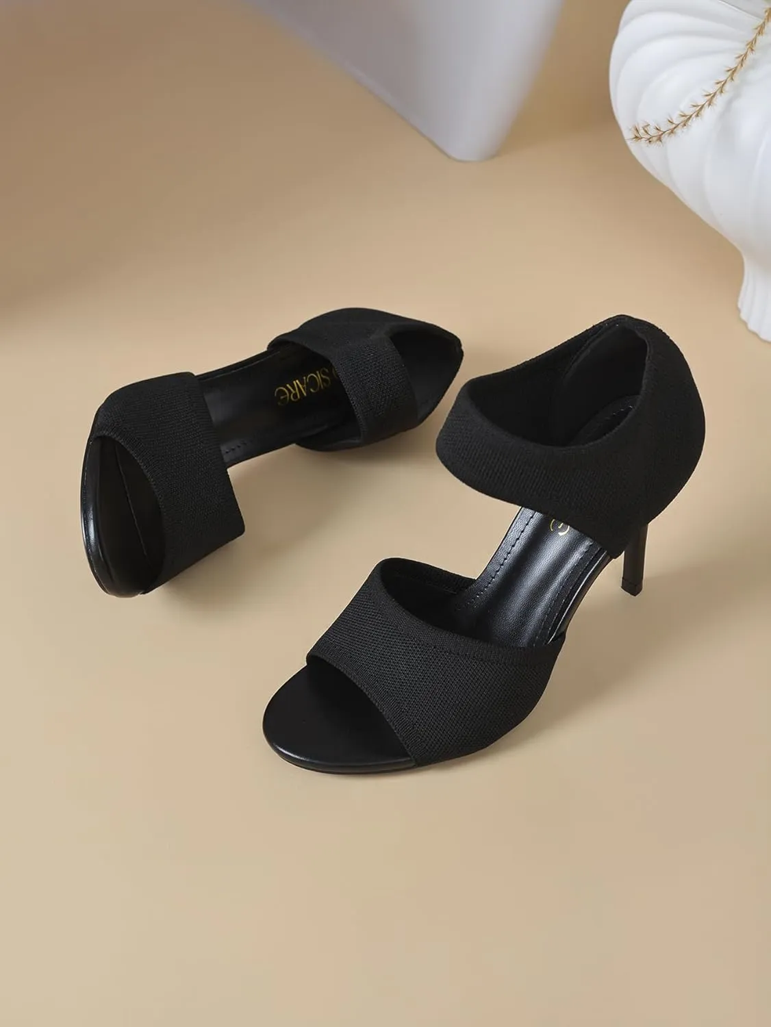 Peep Toe Heels for Women Sexy 3 Inches Stiletto High Heels for Women Dressy Slip On Comfortable Wide Stretchy Heels Knit Open Toe Booties Sandals Black Heels Sandals for Prom, Party and Work