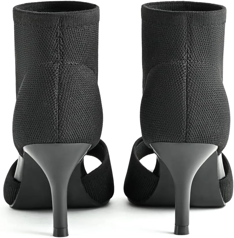 Peep Toe Heels for Women Sexy 3 Inches Stiletto High Heels for Women Dressy Slip On Comfortable Wide Stretchy Heels Knit Open Toe Booties Sandals Black Heels Sandals for Prom, Party and Work