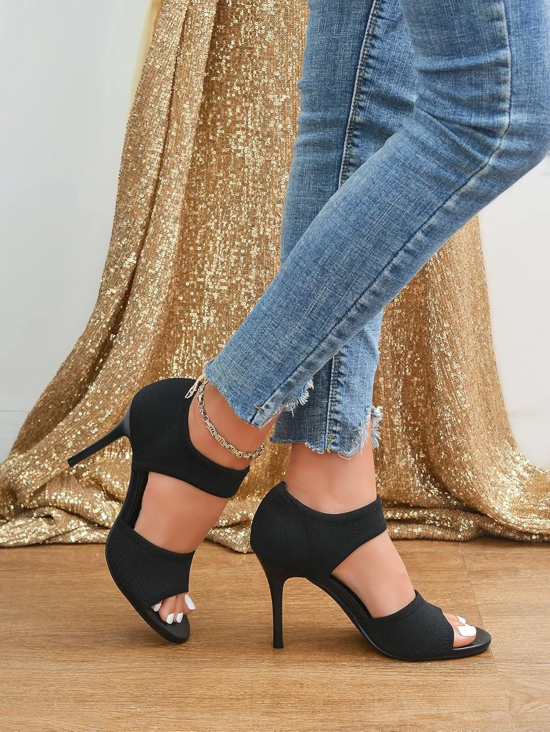Peep Toe Heels for Women Sexy 3 Inches Stiletto High Heels for Women Dressy Slip On Comfortable Wide Stretchy Heels Knit Open Toe Booties Sandals Black Heels Sandals for Prom, Party and Work