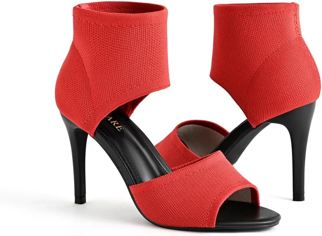 Peep Toe Heels for Women Sexy 3 Inches Stiletto High Heels for Women Dressy Slip On Comfortable Wide Stretchy Heels Knit Open Toe Booties Sandals Black Heels Sandals for Prom, Party and Work