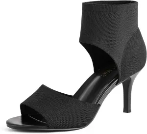 Peep Toe Heels for Women Sexy 3 Inches Stiletto High Heels for Women Dressy Slip On Comfortable Wide Stretchy Heels Knit Open Toe Booties Sandals Black Heels Sandals for Prom, Party and Work