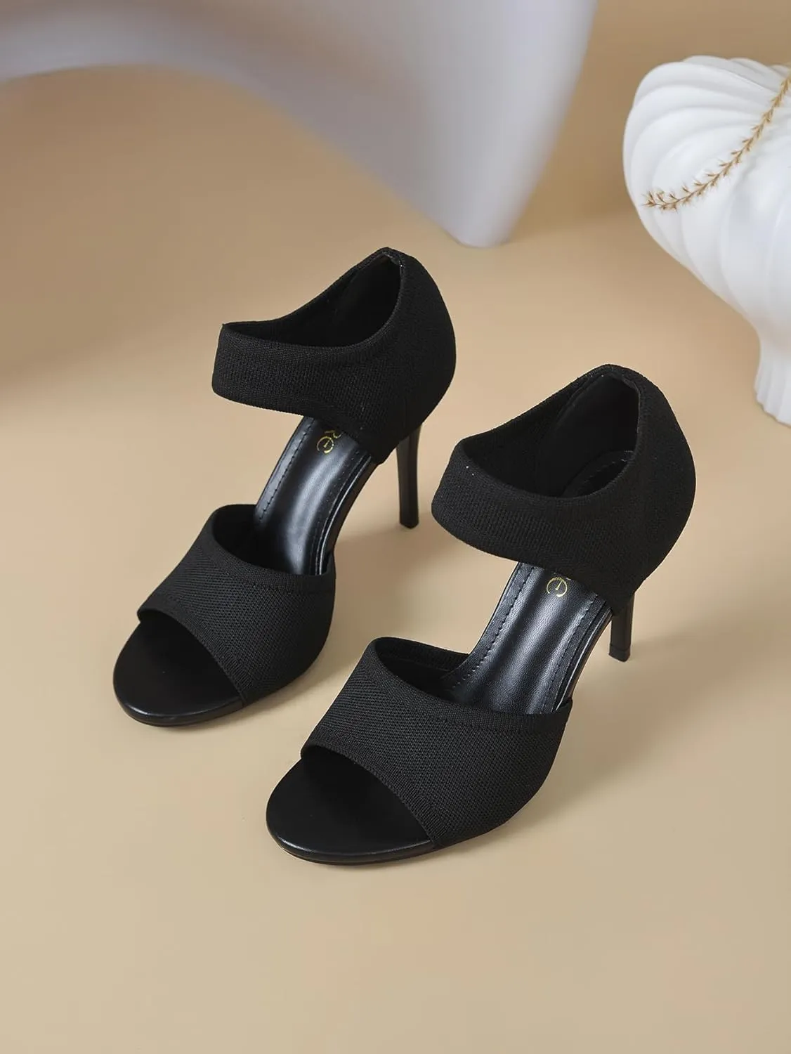 Peep Toe Heels for Women Sexy 3 Inches Stiletto High Heels for Women Dressy Slip On Comfortable Wide Stretchy Heels Knit Open Toe Booties Sandals Black Heels Sandals for Prom, Party and Work