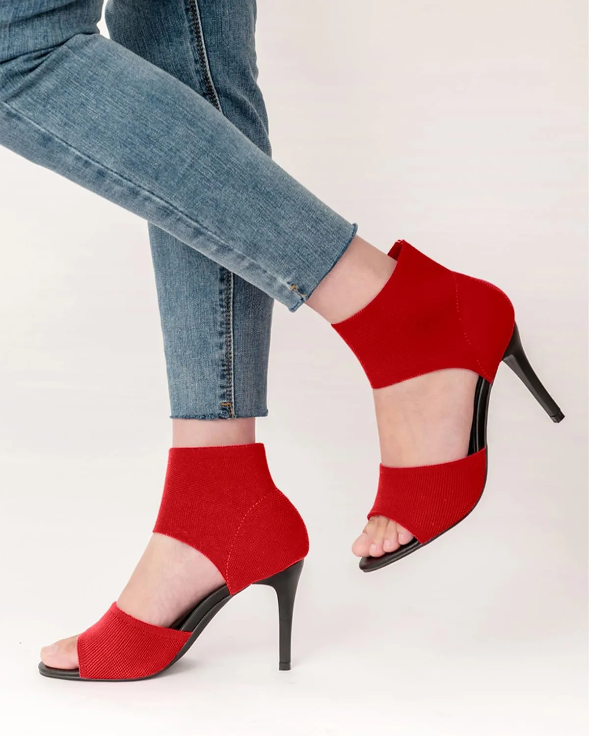 Peep Toe Heels for Women Sexy 3 Inches Stiletto High Heels for Women Dressy Slip On Comfortable Wide Stretchy Heels Knit Open Toe Booties Sandals Black Heels Sandals for Prom, Party and Work