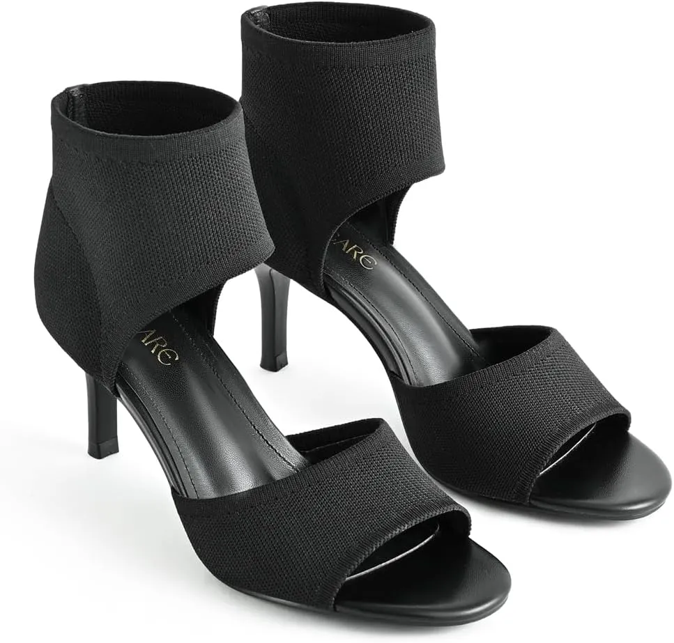 Peep Toe Heels for Women Sexy 3 Inches Stiletto High Heels for Women Dressy Slip On Comfortable Wide Stretchy Heels Knit Open Toe Booties Sandals Black Heels Sandals for Prom, Party and Work