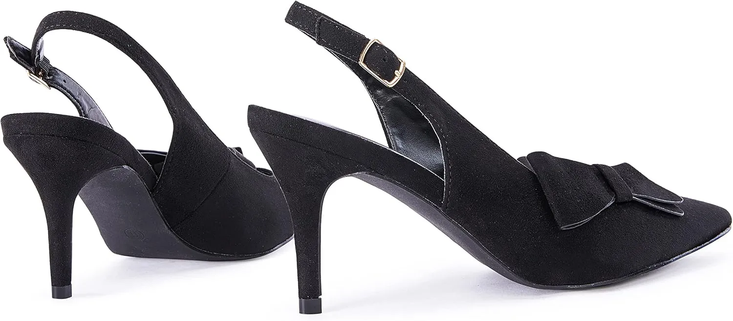 PiePieBuy Womens Pointed Toe Slingback Pumps Mid Heel Bow Stilettos Sandals Faux Suede Wedding Party Dress Shoes