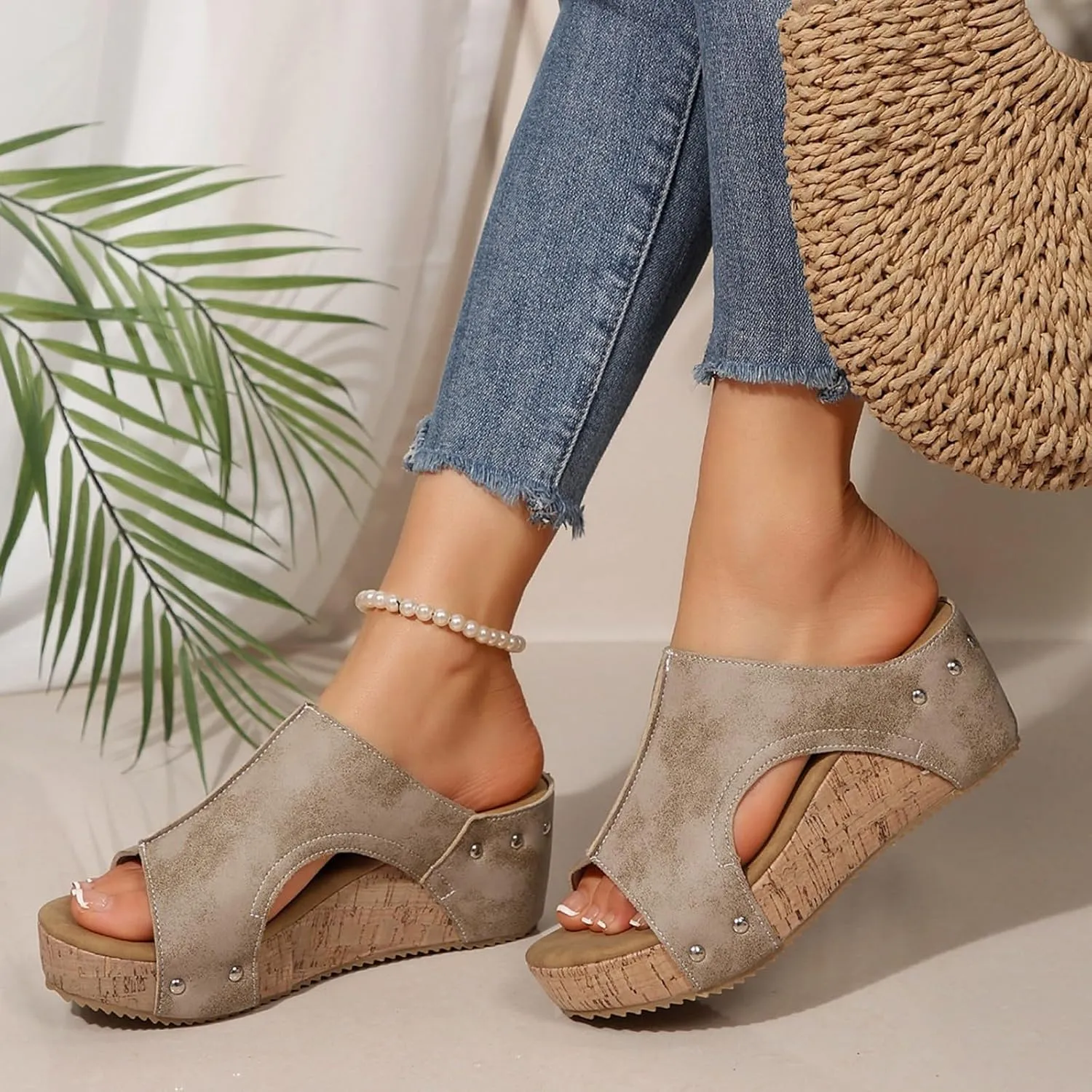 Platform Wedge Sandals for Women 2025 Open Toe Slip On Slides Cork Heeled Cutout Comfortable Summer Vacation Shoes