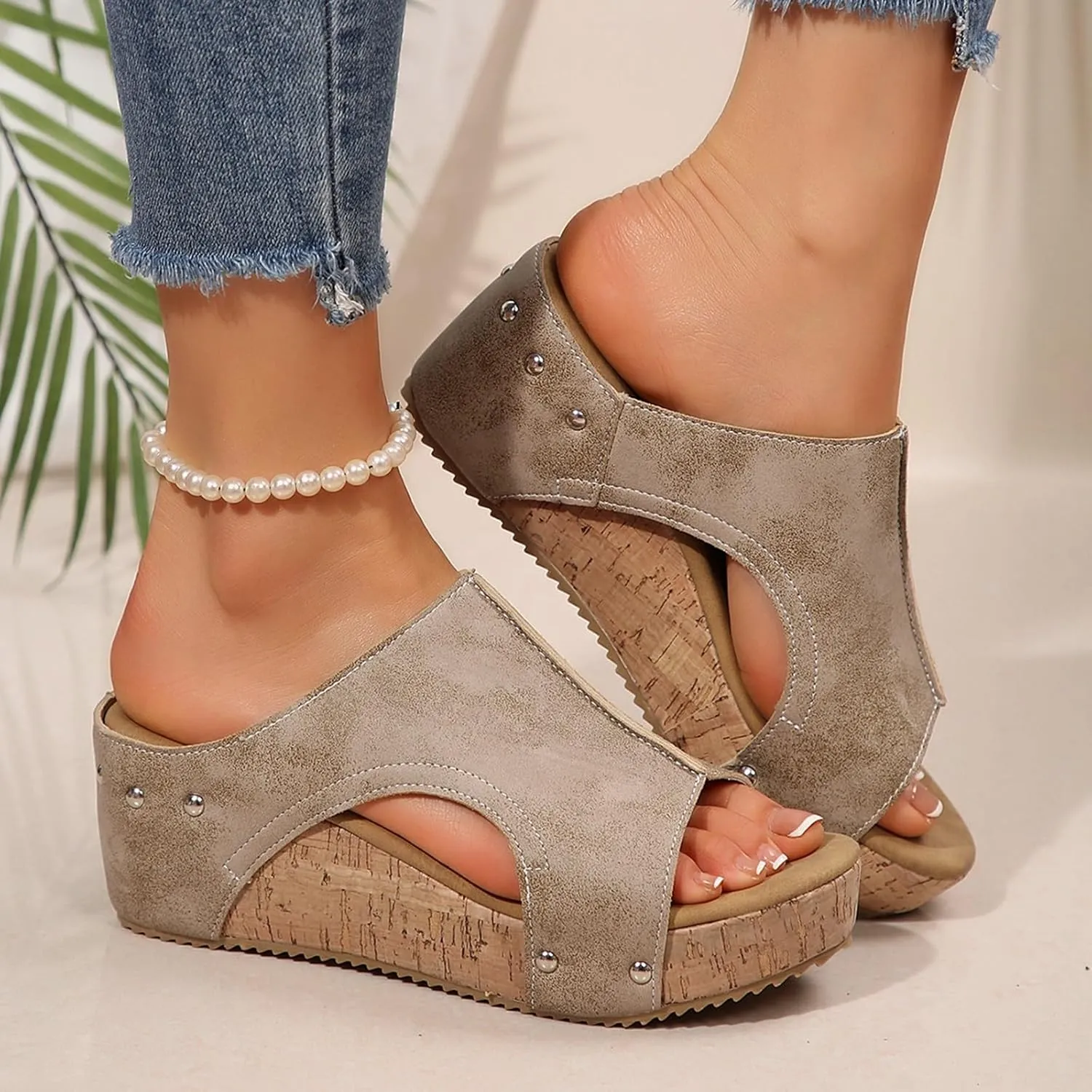 Platform Wedge Sandals for Women 2025 Open Toe Slip On Slides Cork Heeled Cutout Comfortable Summer Vacation Shoes