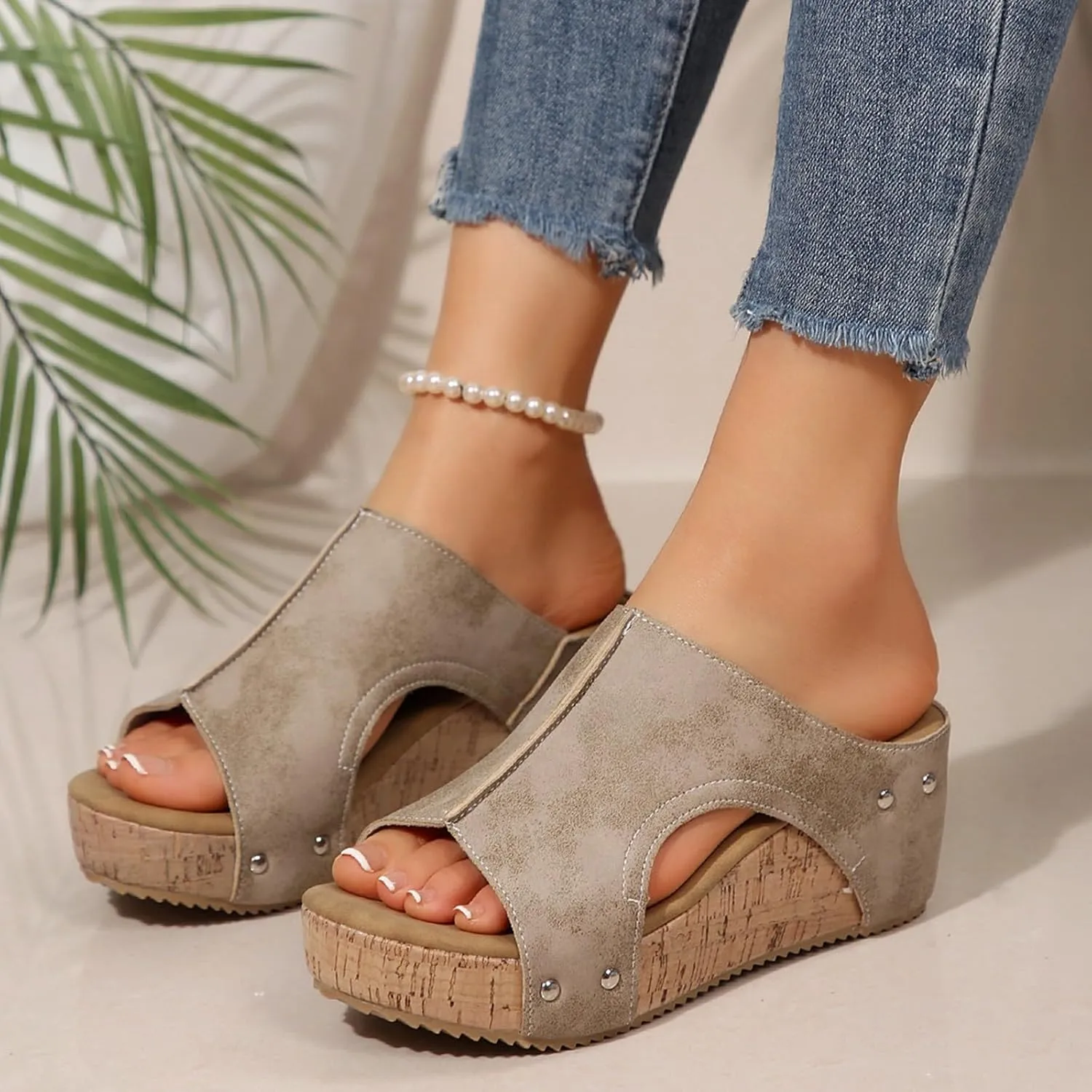 Platform Wedge Sandals for Women 2025 Open Toe Slip On Slides Cork Heeled Cutout Comfortable Summer Vacation Shoes