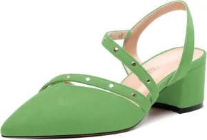 Pointed Toe Pumps Women - Low Chunky Heel Slingback Slip-On, Solid Color Shoes for Wedding Guest, Cocktail Parties & Daily Use