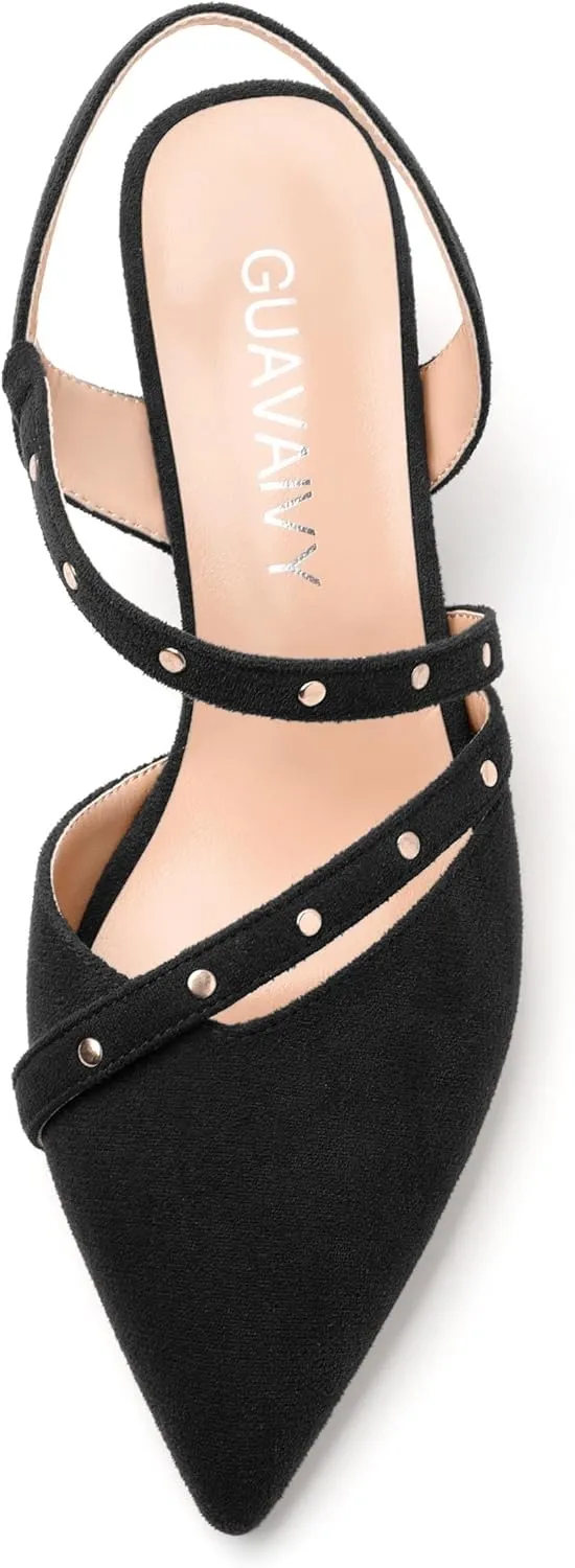 Pointed Toe Pumps Women - Low Chunky Heel Slingback Slip-On, Solid Color Shoes for Wedding Guest, Cocktail Parties & Daily Use