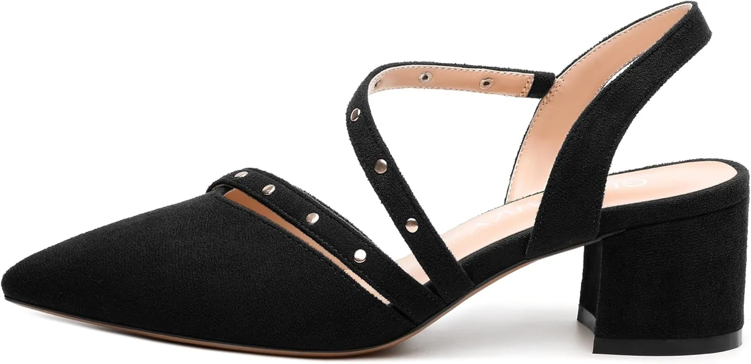 Pointed Toe Pumps Women - Low Chunky Heel Slingback Slip-On, Solid Color Shoes for Wedding Guest, Cocktail Parties & Daily Use