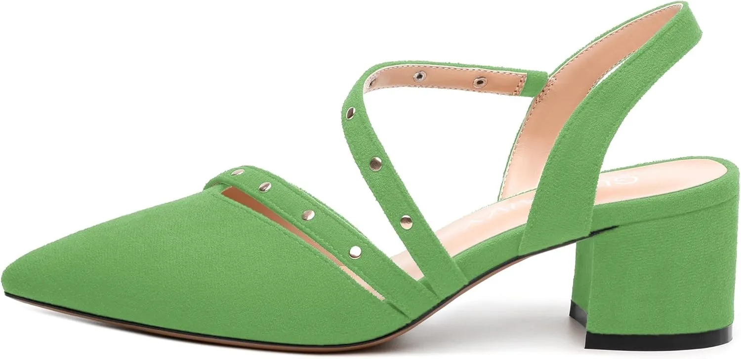 Pointed Toe Pumps Women - Low Chunky Heel Slingback Slip-On, Solid Color Shoes for Wedding Guest, Cocktail Parties & Daily Use