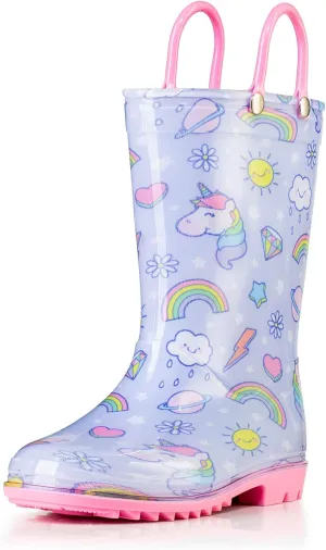 Puddle Play Toddler and Kids Waterproof PVC Rain Boots with Easy-On Handles – Lightweight Slip-Resistant Outdoor Boots for Boys and Girls